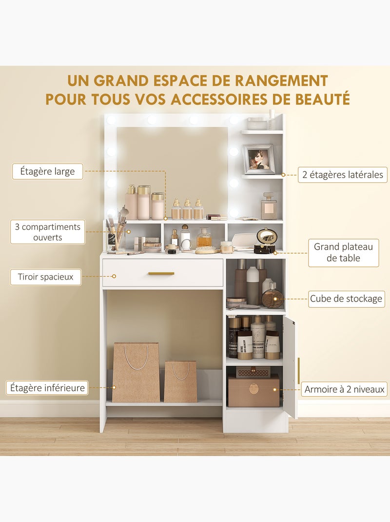 Coiffeuse miroir hollywood réglable multi-rangement blanc doré Blanc Blanc - Kiabi
