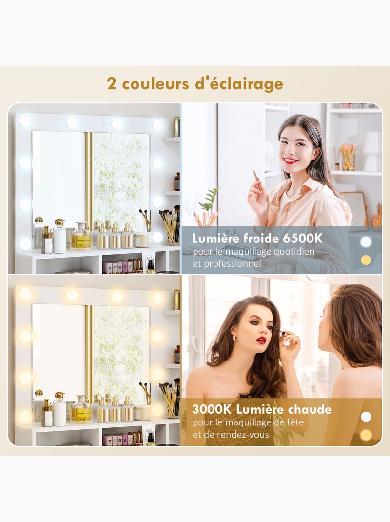 Coiffeuse miroir hollywood réglable multi-rangement blanc doré Blanc Blanc - Kiabi