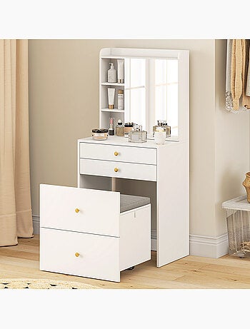 Coiffeuse tabouret encastrable multi-rangement miroir