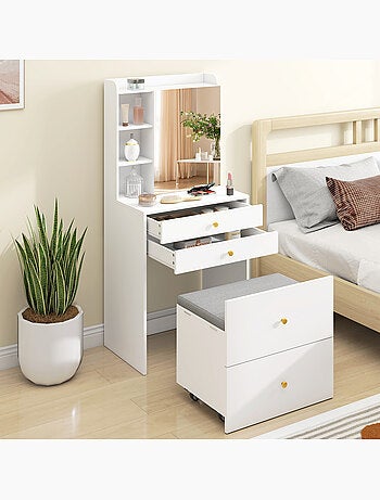 Coiffeuse tabouret encastrable multi-rangement miroir