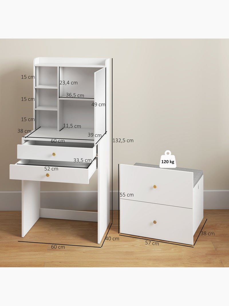 Coiffeuse tabouret encastrable multi-rangement miroir Blanc Blanc - Kiabi
