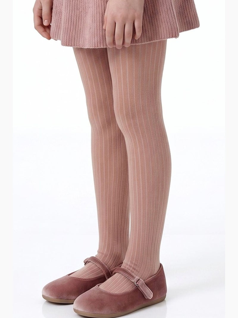 Collant fille pretty côtelé en coton, paire penti Beige/Rose - Kiabi