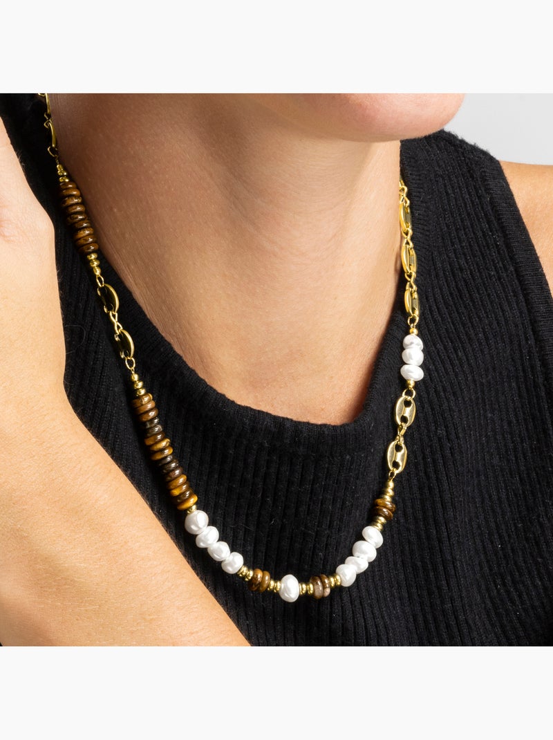 Collier avec œil-de-tigre finition or 18 carats - Kimbalbo Marron - Kiabi