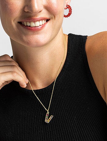 Collier avec zircone multicolore avec finition or 18 carats - Lettre V de l’alphabet