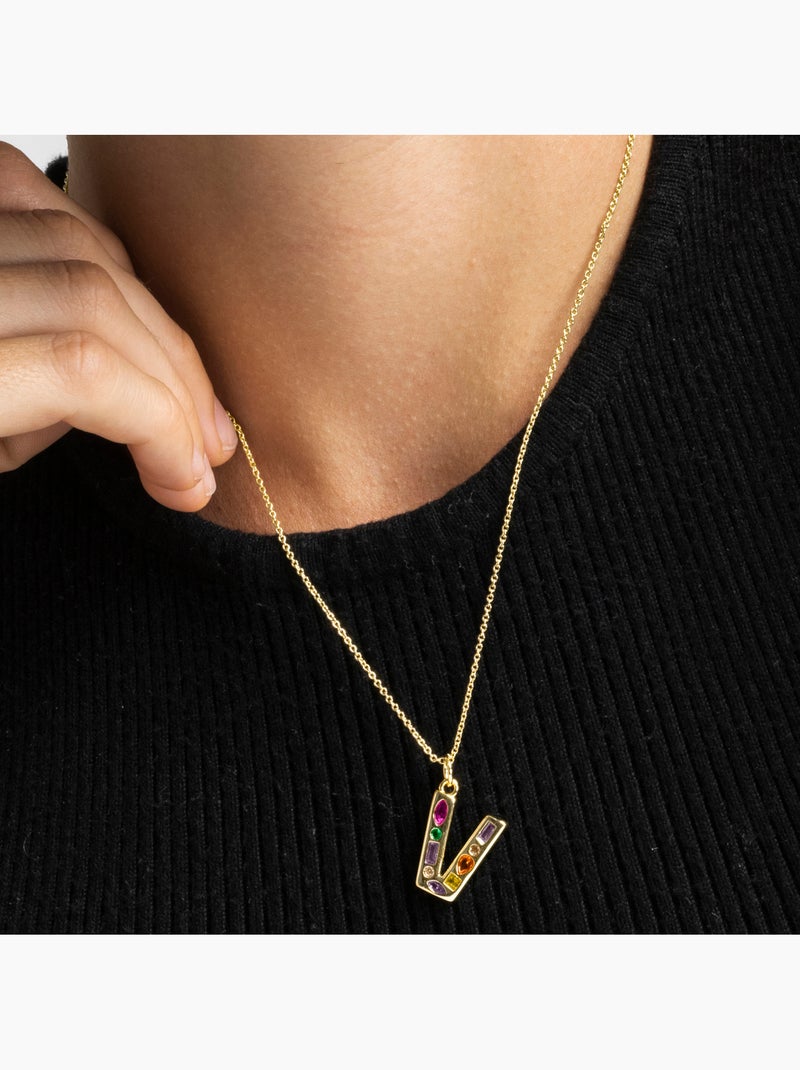 Collier avec zircone multicolore avec finition or 18 carats - Lettre V de l’alphabet Multicolore - Kiabi