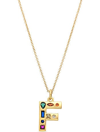Collier avec zircones multicolores finis en or 18 carats - lettre F de l’alphabet