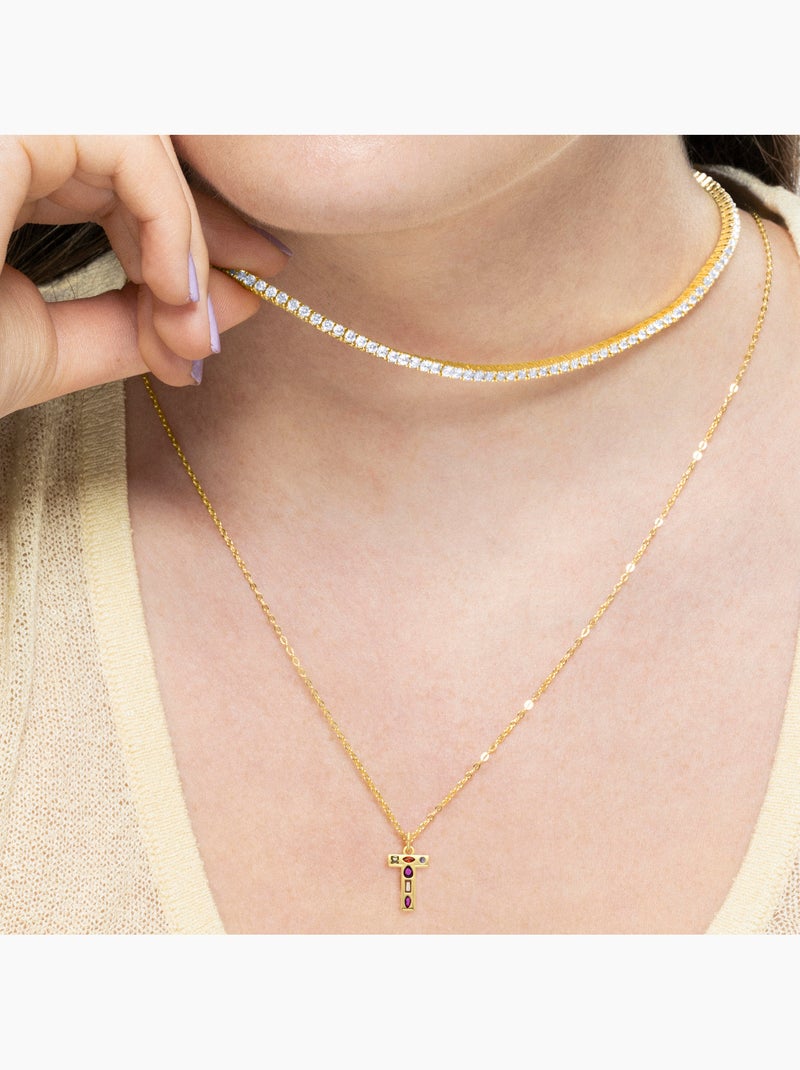 Collier avec zirconie multicolore avec finition or 18 carats - Lettre T de l’alphabet Multicolore - Kiabi