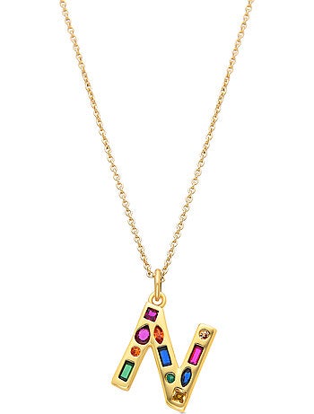 Collier avec zirconie multicolore fini en or 18 carats - lettre N de l’alphabet