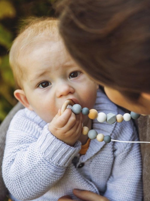 Collier d'allaitement ou de portage silicone et bois 'Grey & wood ring' - Kiabi