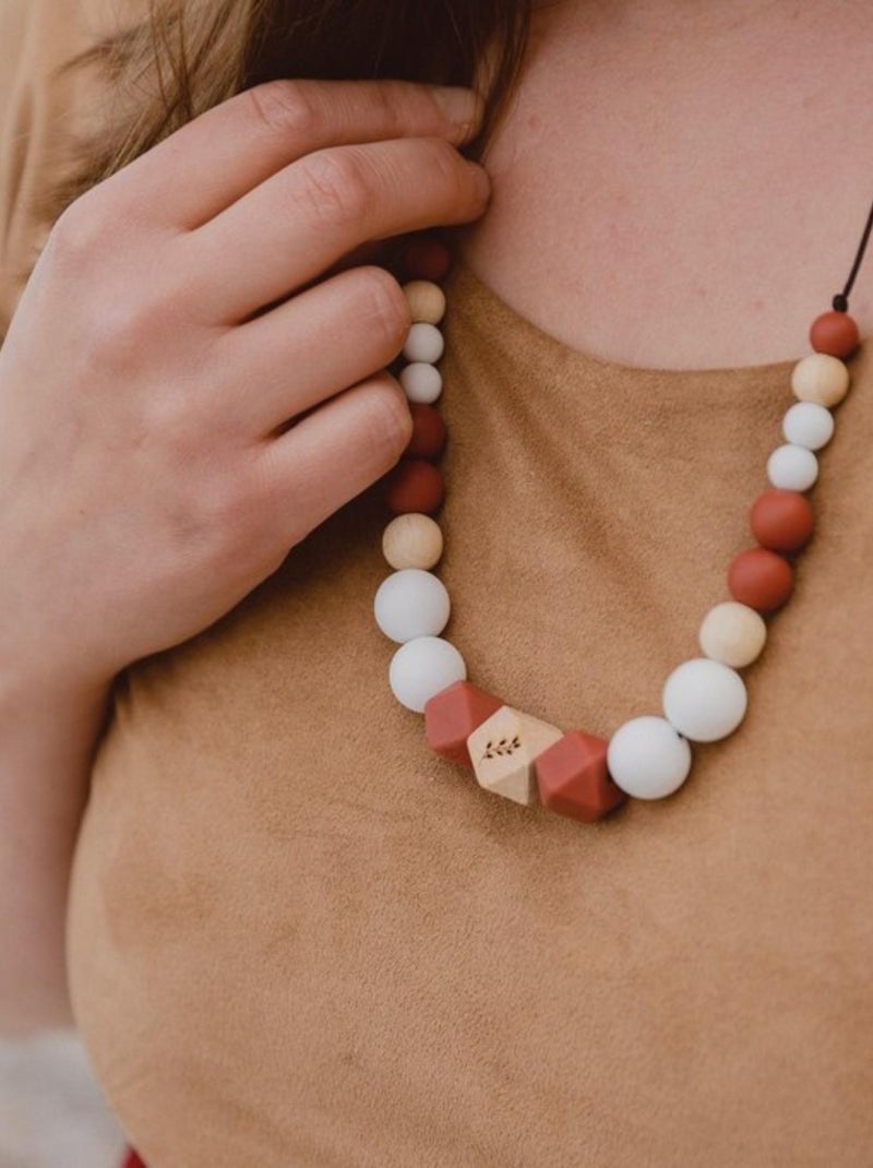 Collier d'allaitement ou de portage silicone et bois 'Lise' Blanc - Kiabi