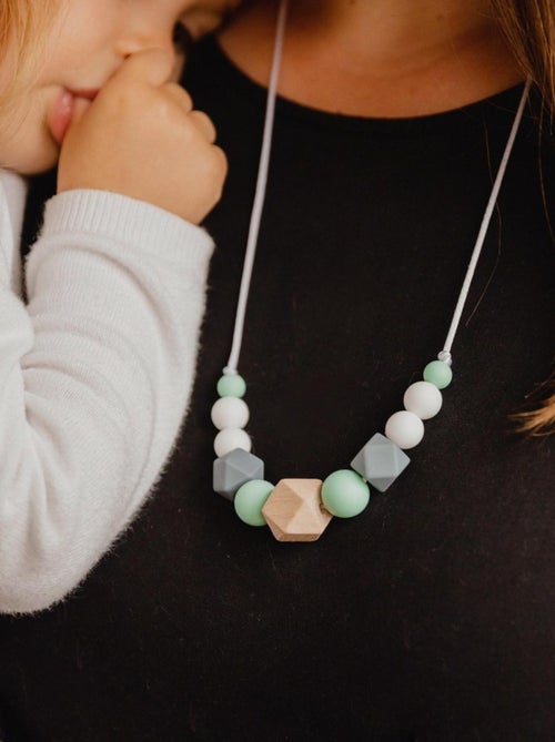 Collier d'allaitement ou de portage silicone et bois 'Mint & grey' - Kiabi
