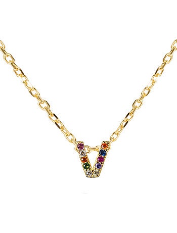 Collier en argent sterling 925 avec zircone multicolore, finition or jaune 18 carats - Alphabet