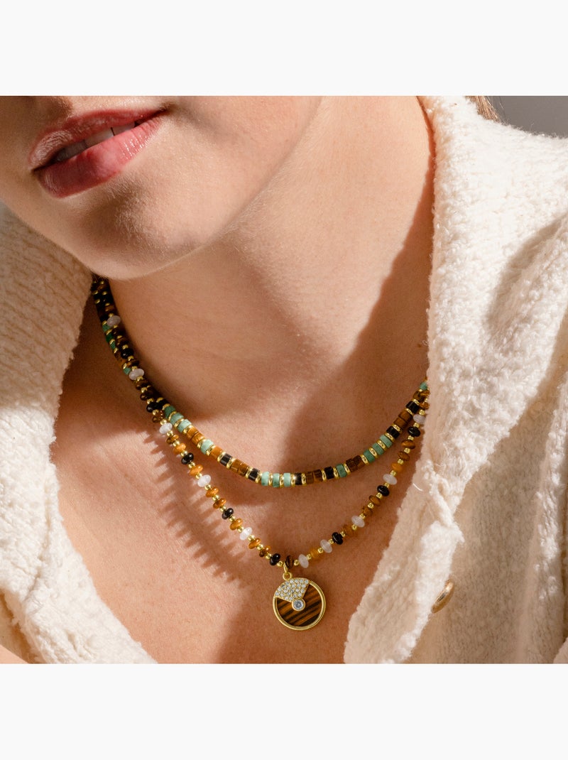 Collier en argent sterling 925 et œil-de-tigre avec finition or 18 carats - Ryhu Marron - Kiabi