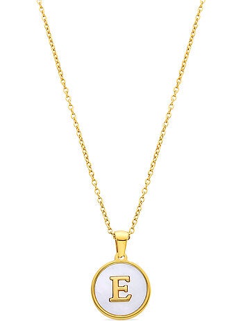 Collier en nacre blanche fini en or jaune 18K - lettre E de l’alphabet