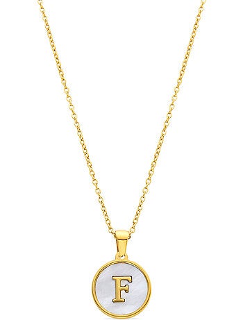 Collier en nacre blanche fini en or jaune 18K - lettre F de l’alphabet