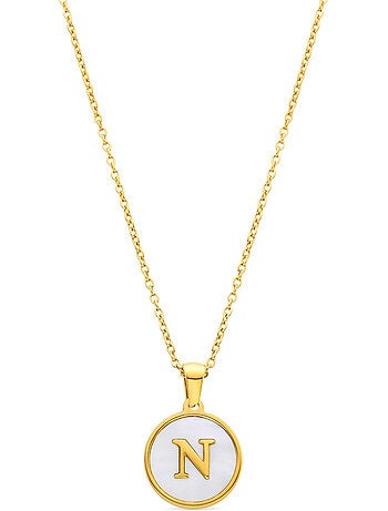 Collier en nacre blanche fini en or jaune 18K - Lettre N de l’alphabet