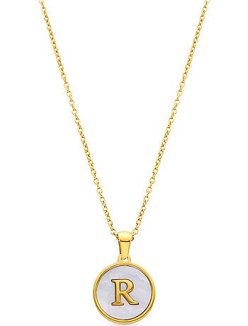 Collier en nacre blanche fini en or jaune 18K - lettre R de l’alphabet