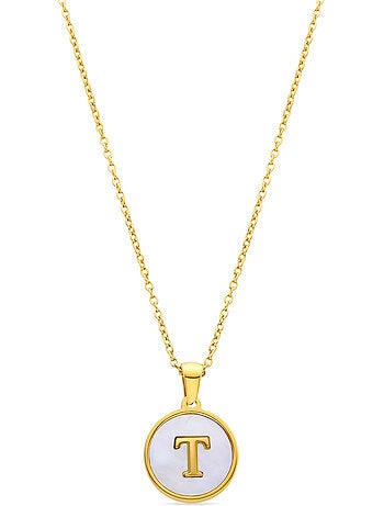 Collier en nacre blanche fini en or jaune 18K - lettre T de l’alphabet