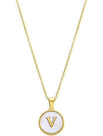 Collier en nacre blanche fini en or jaune 18K - Lettre V de l’alphabet