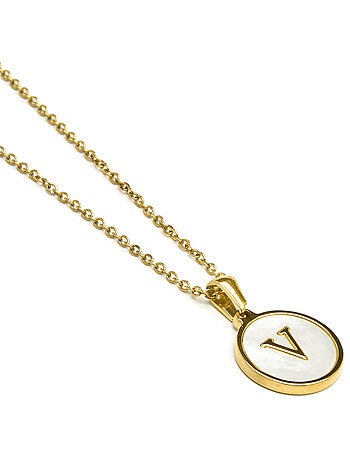 Collier en nacre blanche fini en or jaune 18K - Lettre V de l’alphabet