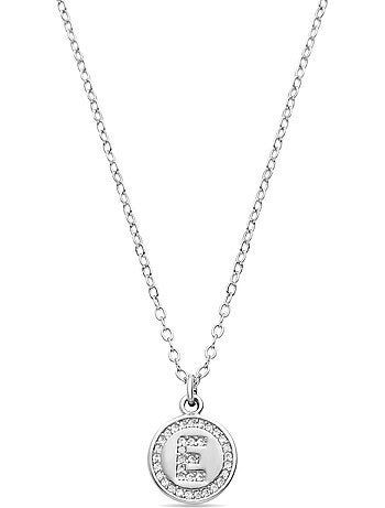 Collier en zirconie brillant fini au Rhodium - lettre E de l’alphabet