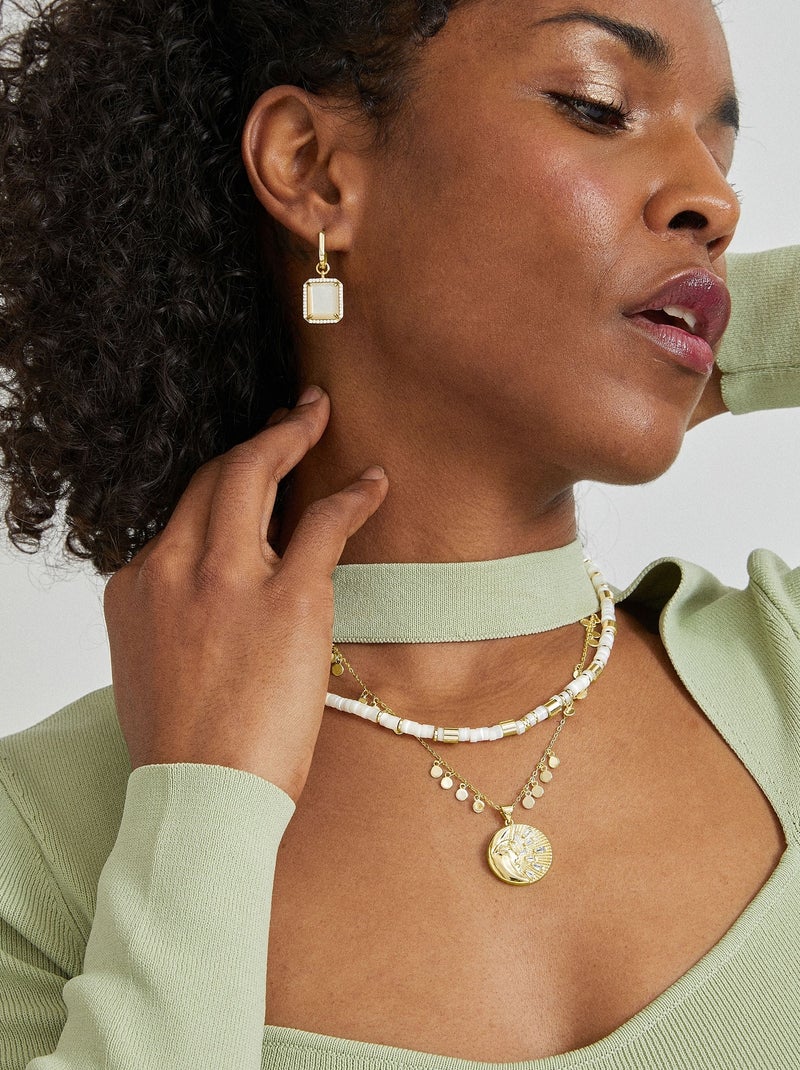 Collier 3 Brins Style Indien - Plaqué Or Et Nacre Blanche - Pierres Strass - Neuf