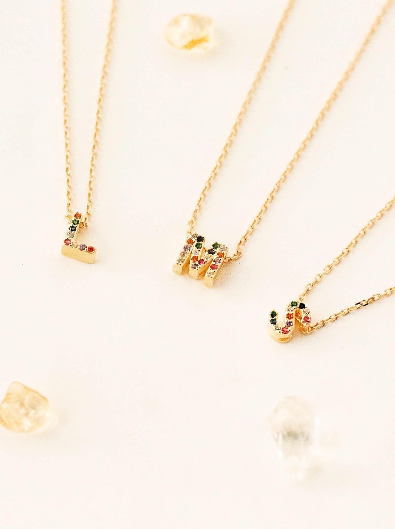 Collier Luxenter en argent 925 avec zircons multicolores finis et plaqué or 18k - Alphabet Multicolore - Kiabi