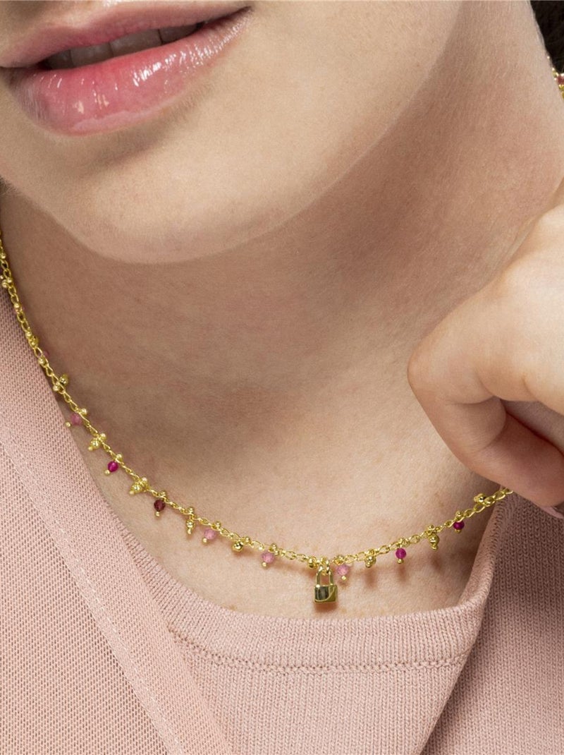 Collier Luxenter en argent 925 et cristal rose plaqué or jaune 18k - Padlock Rose - Kiabi