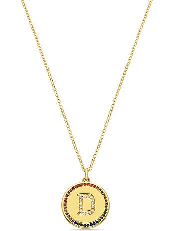 Collier multicolore en zircone fini en or jaune 18K - lettre D de l’alphabet