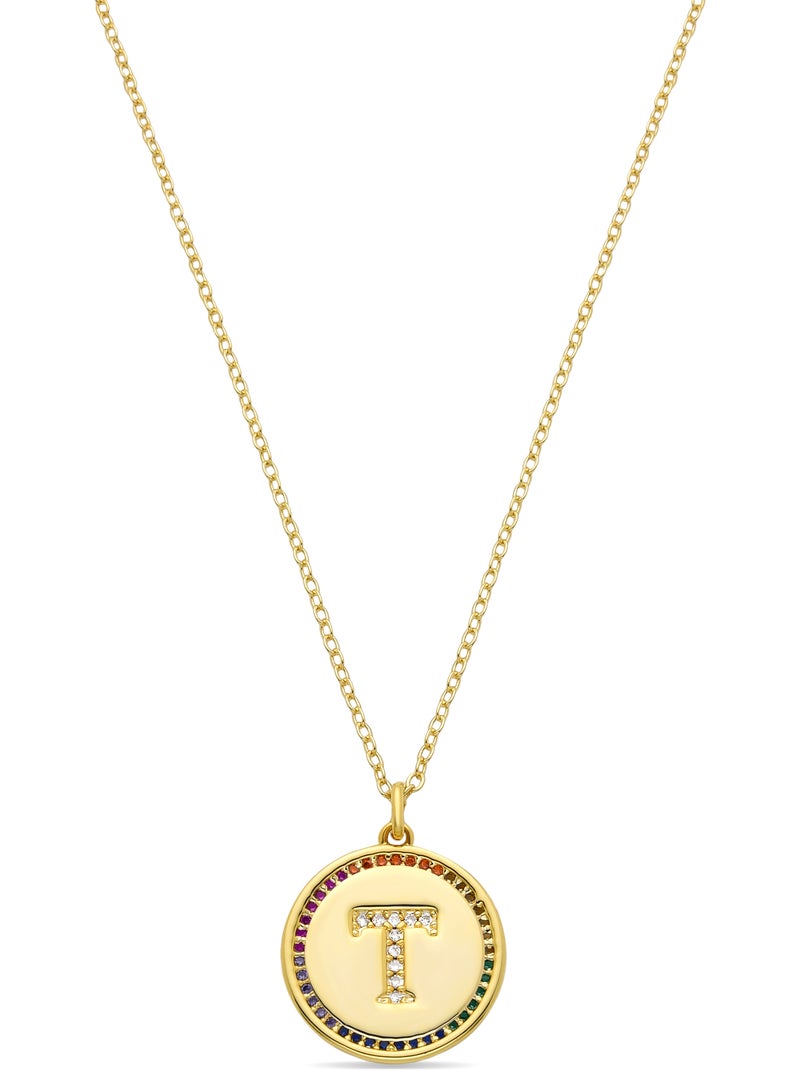 Collier multicolore en zircone fini en or jaune 18K - lettre T de l’alphabet Multicolore - Kiabi