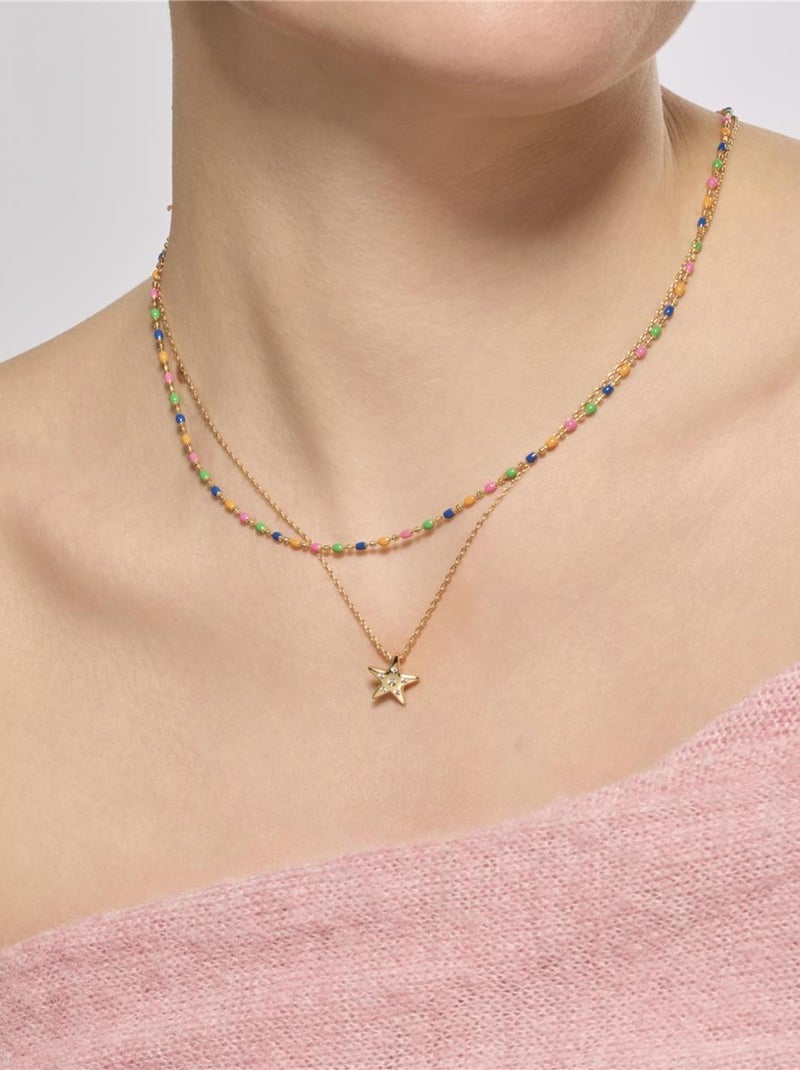 Collier plaqué or jaune 18 carats et laque multicolore - Darn Multicolore - Kiabi