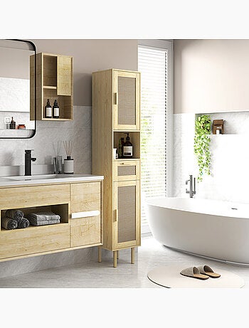 Colonne de salle de bain style bohème h. 170 cm effet rotin bois clair