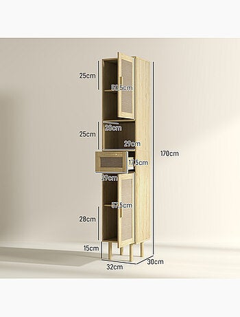 Colonne de salle de bain style bohème h. 170 cm effet rotin bois clair