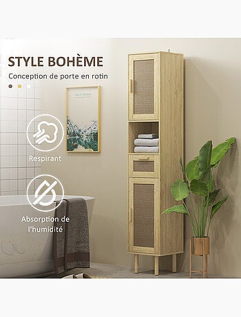 Colonne de salle de bain style bohème h. 170 cm effet rotin bois clair