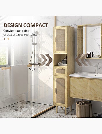 Colonne de salle de bain style bohème h. 170 cm effet rotin bois clair