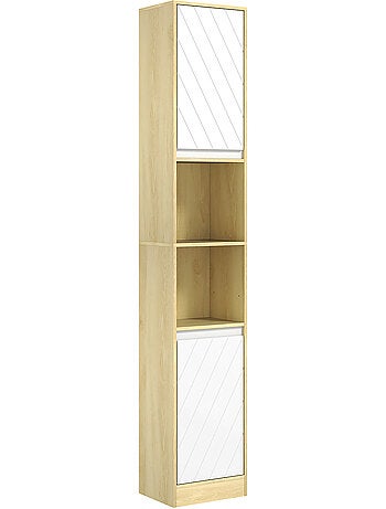 Colonne meuble salle de bain 2 portes étagère 2 niches effet bois clair blanc