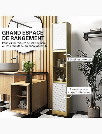 Colonne meuble salle de bain 2 portes étagère 2 niches effet bois clair blanc