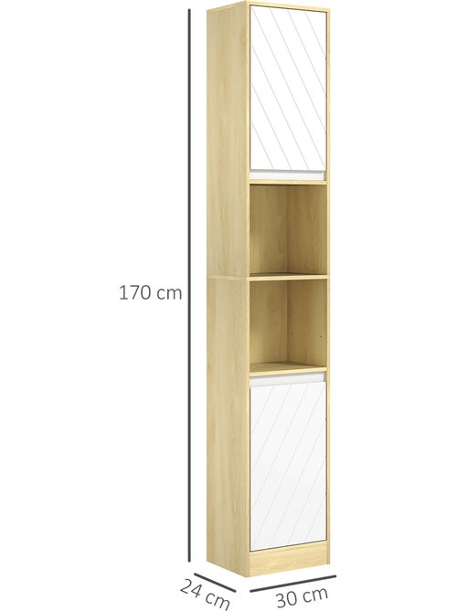 Colonne meuble salle de bain 2 portes étagère 2 niches effet bois clair blanc - Kiabi