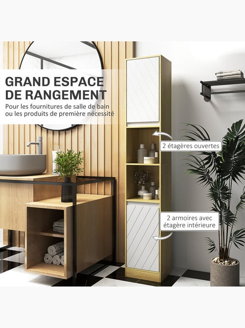 Colonne meuble salle de bain 2 portes étagère 2 niches effet bois clair blanc - Kiabi