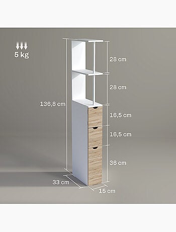 Colonne salle de bain - 2 tiroirs, 2 étagères, porte - mdf métal