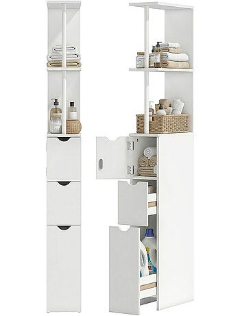 Colonne salle de bain - 2 tiroirs, 2 étagères, porte - mdf métal