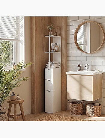Colonne salle de bain - 2 tiroirs, 2 étagères, porte - mdf métal