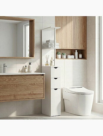 Colonne salle de bain - 2 tiroirs, 2 étagères, porte - mdf métal