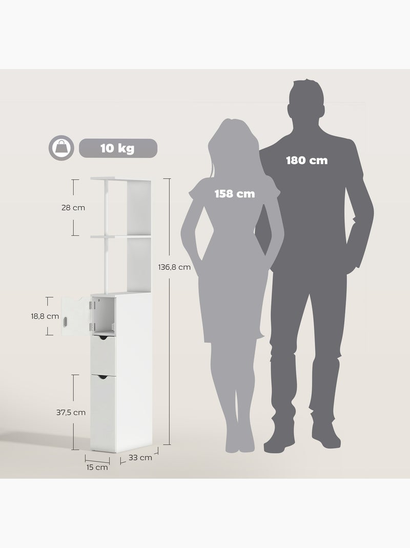 Colonne salle de bain - 2 tiroirs, 2 étagères, porte - mdf métal Blanc Blanc - Kiabi