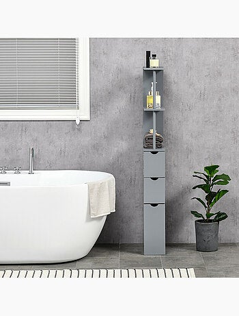 Colonne salle de bain - 2 tiroirs, 2 étagères, porte - mdf métal gris