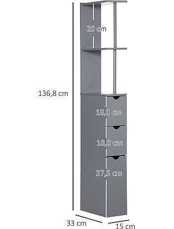 Colonne salle de bain - 2 tiroirs, 2 étagères, porte - mdf métal gris