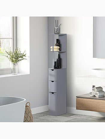 Colonne salle de bain - 2 tiroirs, 2 étagères, porte - mdf métal gris