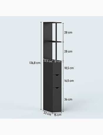 Colonne salle de bain - 2 tiroirs, 2 étagères, porte - mdf métal