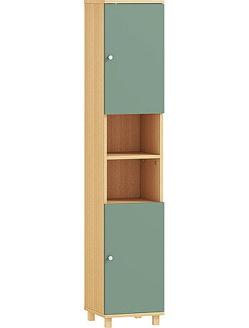 Colonne salle de bain 2 portes 2 étagères 2 niches effet bois vert d'eau