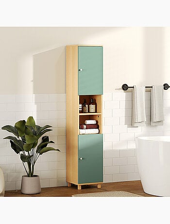 Colonne salle de bain 2 portes 2 étagères 2 niches effet bois vert d'eau